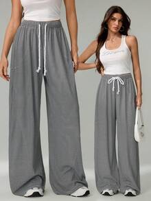 SHEIN Tall Pantaloni grigi comodi con vita elastica oversize, abbigliamento da strada estivo per uscire - Bianco e nero - Visualizzare 8