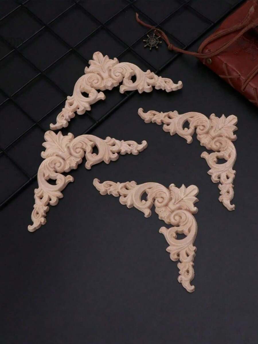 4件套实木雕刻贴纸墙角花卉,配同款橱柜门,家具装饰,雕刻工艺品 - 卡其色 - 查看 1