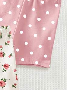 SHEIN Playful Pals 4件套女婴纯色弹力腰带打底裤/紧身裤/骑行短裤套装，适合6个月至2-3岁的宝宝，可爱甜美的色彩系列，包含花卉、条纹、波点等简约图案设计，春夏装扮，充满春日气息，清爽舒适，时尚女童套装，休闲服饰，儿童花卉图案服装，春夏套装，新款，清凉舒适，春夏休闲风 - 彩色 - 查看 3