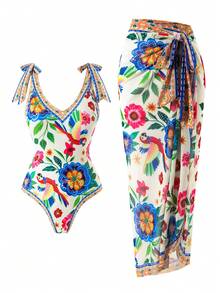 Swim Oasis 女士时尚高端印花系带网纱罩衫连衣裙，夏季连体两件套 - 彩色 - 查看 1