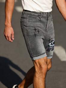 Manfinity LEGND Quần short denim nam thời trang thường ngày hiệu Mỹ, in chữ Angel và ngôi sao, chất liệu denim mài, thích hợp cho mùa hè. - Xám - Xem 5