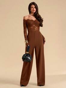 SHEIN BAE Combinaison sexy transparente à épaules dénudées en dentelle noire ajourée pour femmes, combinaison élégante pour dames, combinaison à jambes larges en dentelle - Tabac - Voir 4