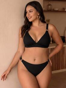 Swim Chiccia Plus Size Women's Solid Color Elegant Beach Resort Swimsuit Set - Black - View 1
