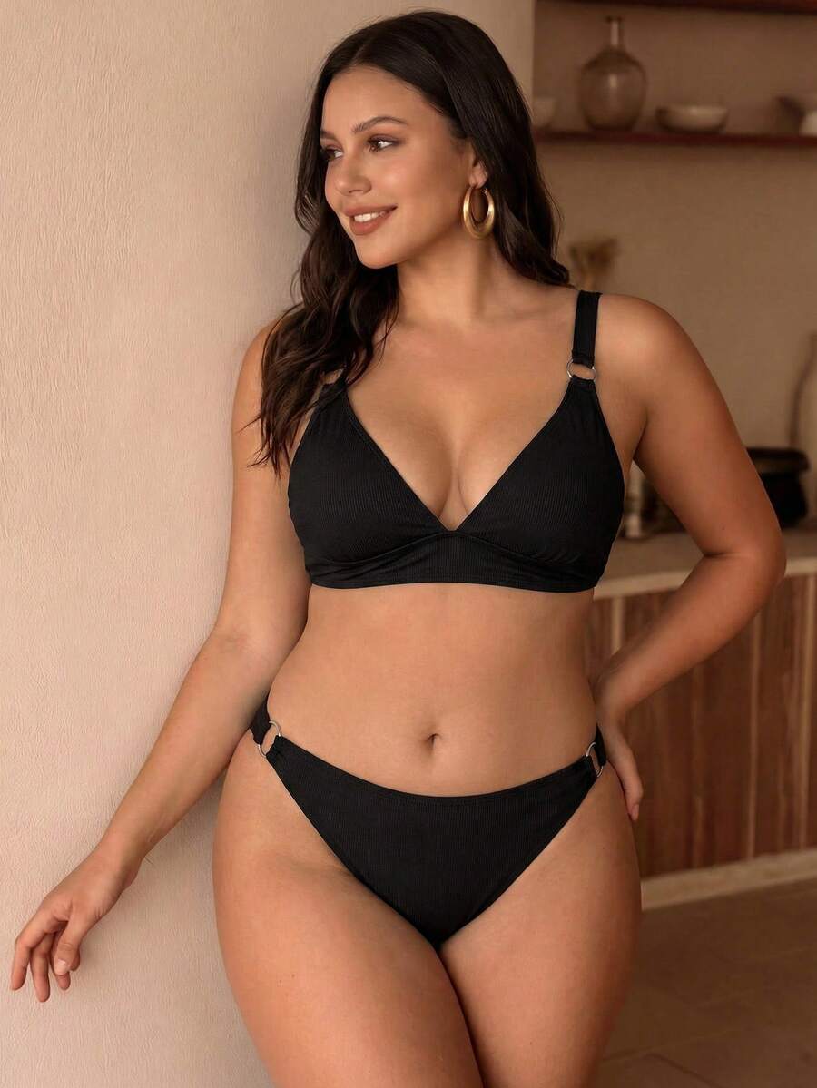 Swim Chiccia Plus Size Women's Solid Color Elegant Beach Resort Swimsuit Set - Black - View 1