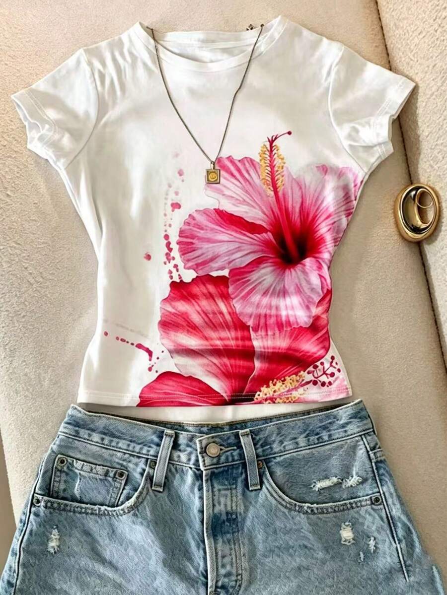 Franclia 女士印花圆领休闲百搭日常T恤 - 白色 - 查看 1