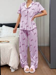 Napfluff Striped Bow Print Contrast Trim Women Pajama Set - Purple - View 7