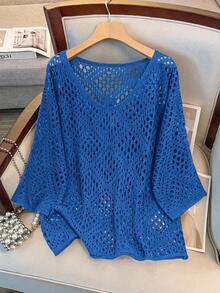 GlowEve CURVE Plus Size Women's Perforated 3/4 Sleeve Knit Sweater Fall - Blue - View 1