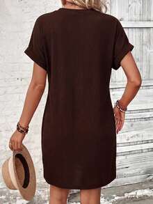 EMERY ROSE Women's Solid Color V-Neck Casual Party Mini Dress - Coffee Brown - View 2