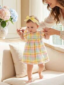 SHEIN Vintaside Kids 女嬰可愛粉綠格紋短袖迷你洋裝 夏日度假田園風清新圖案輕盈剪裁 適合戶外休閒派對 - 彩色 - 查看 4