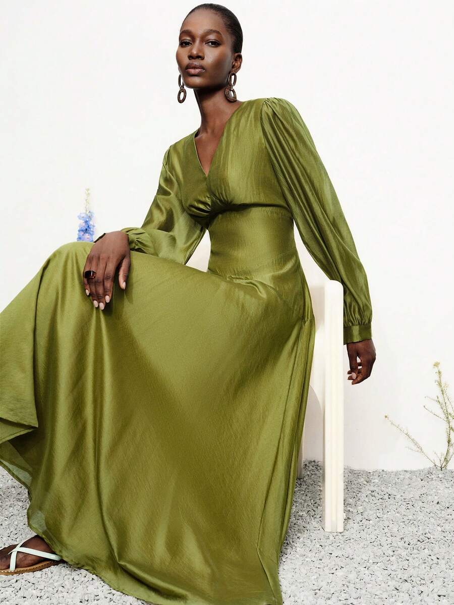 Aveloria Modichic Women's Elegant Pleated Versatile Dress - Olive Green - View 1