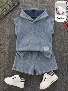 SHEIN Playful Pals 男婴黑色水洗套头卫衣搭配黑色运动短裤，饰有图案，适合日常外出、校园穿着、家庭聚会、生日派对、休闲拍照、情人节等场合。 - 藍色 - 查看 8