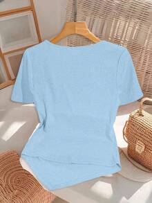 Chiquease Women's Casual Asymmetrical Bow Decor T-Shirt, Summer - Baby Blue - View 2