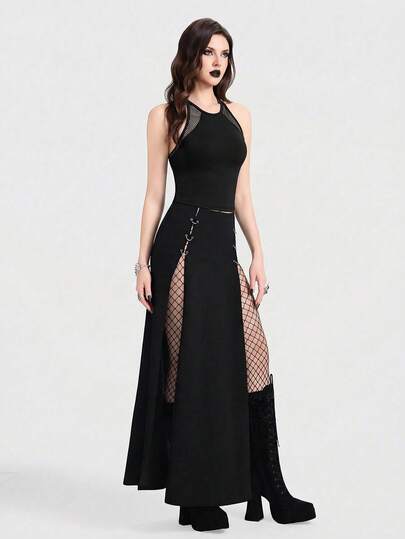 Breakform Top corto de mujer con estilo gótico, sexy, con cuello halter y cordones, chaleco de malla de diamante con parches de punto, camiseta negra