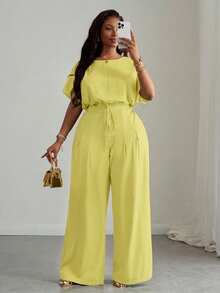Slaydiva Bộ đồ nữ cỡ lớn 2 món: Áo croptop rộng rãi vai rớt có dây rút ở gấu quần và quần ống rộng có túi, màu xanh lá cây, thanh lịch, thích hợp đi làm, dự tiệc, đi club và đi chơi, mùa xuân/hè, phong cách công sở thường ngày, trang phục mùa thu cho nữ. - Vàng nhạt - Xem 8