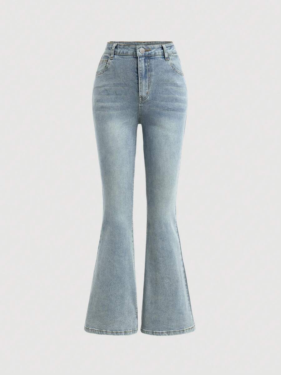 SHEIN Girlism Teen Girl Fashionable Versatile Pocketed Zipper Flare Jeans - Light Wash - View 1