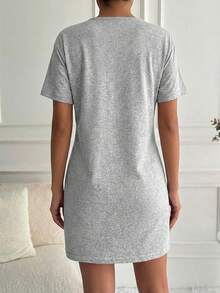 100%Cotton Slogan Graphic& Heart Print Nightdress - Light Grey - View 2