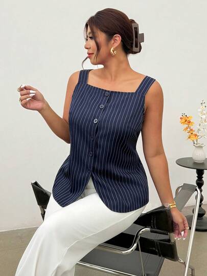 Firerie 大码夏季休闲通勤条纹前开襟无袖衬衫