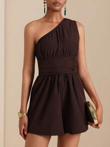 SHEIN Veneréa Women's Solid Color Pleated Casual Jumpsuit For Daily Wear - Brown - View 5