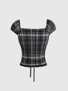 ROMWE Goth Áo thun nữ cổ chữ V dáng casual, trang trí nơ, họa tiết kẻ caro đen trắng. - màu đen - Xem 2