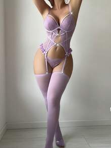 4pcs/Set Romantic Lace Patchwork Wire-Supported Sexy Lingerie Set Underwear Outer For Going Out - Purple - View 3