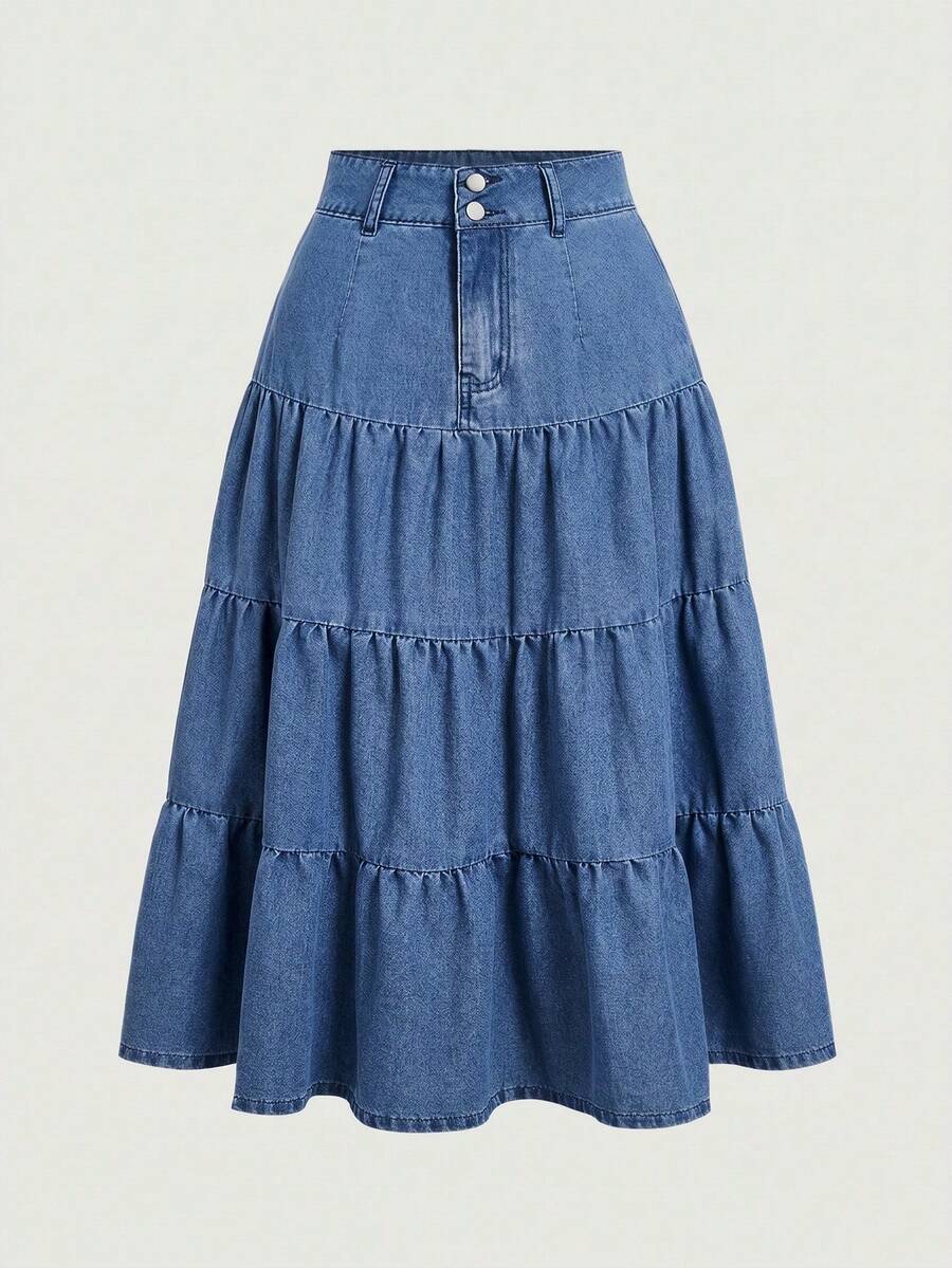 SHEIN MOD Plus Size Casual Washed Denim A-Line Skirt - Blue - View 1