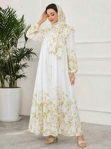 Al Najma Elegant Ruched Floral Dress With Headscarf, Arabic Style - Yellow - View 6