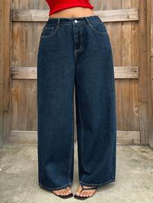 Dazy Plus Plus Size Women's Casual Solid Color Washed Slim Straight Leg Jeans - Navy Blue - View 6