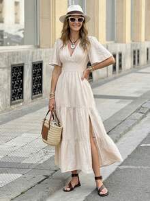 2026 Nuevo Vestido de lino para mujer, vestido largo elegante y romántico para vacaciones de verano - Albaricoque - Ver 5