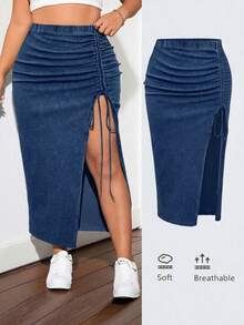 SHEIN ICON 大码女式褶裥开衩休闲百搭约会之夜牛仔裙 - 中等水洗藍 - 查看 1