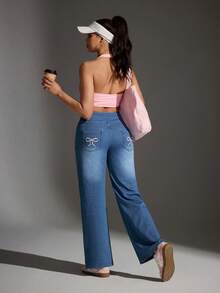 Flexra Women's Loose Straight Basic Stretch Jeans With Embroidered Bowknot - Medium Wash - View 7