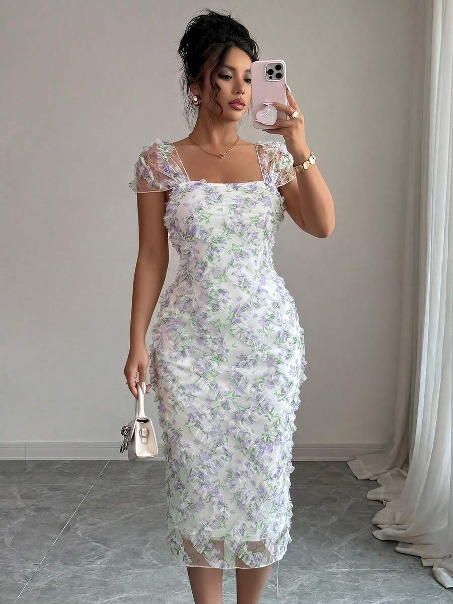Elenzga Vestido midi elegante y romántico de mujer con malla impresa y fruncido, adecuado para la temporada de bodas, fiestas, citas, salidas casuales, primavera/verano - Morado - Ver 1