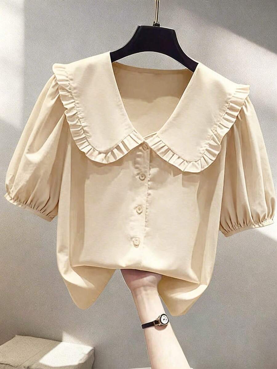 Franclia 时尚休闲百搭彼得潘领花瓣袖单排扣宽松女式衬衫 - 杏色 - 查看 1