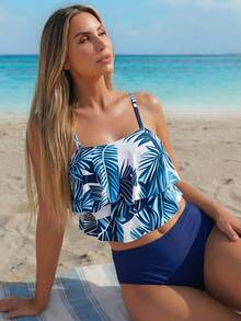 SHEIN Swim Women's Tankini Swimwear Set With Ruffled Hem, High Waisted Triangle Bottoms For Summer Beach Vacation - Blue - View 2