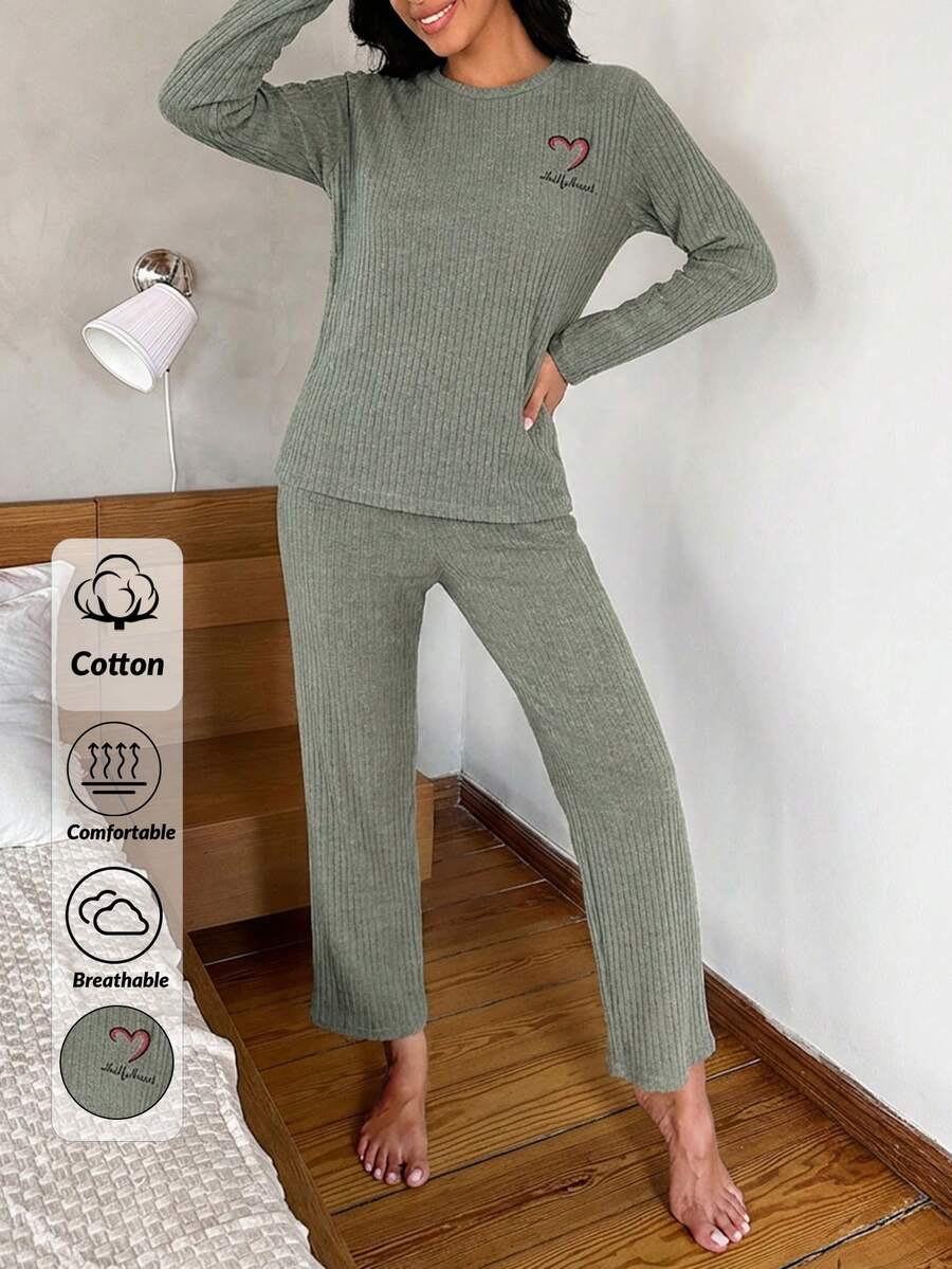 Women's Alphabet & Heart Embroidery Homewear Set - Army Green - View 1