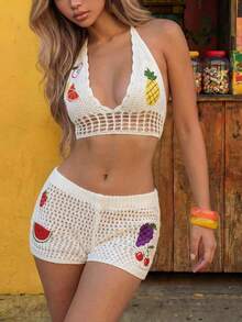 ROMWE 岛屿度假水果刺绣露背系带吊带背心搭配超低腰短裤女式两件套 - 白色 - 查看 1