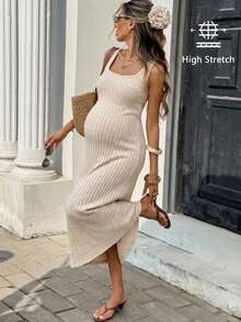 SHEIN Maternity Solid Color Ribbed Sleeveless Casual Dress - Khaki - View 1