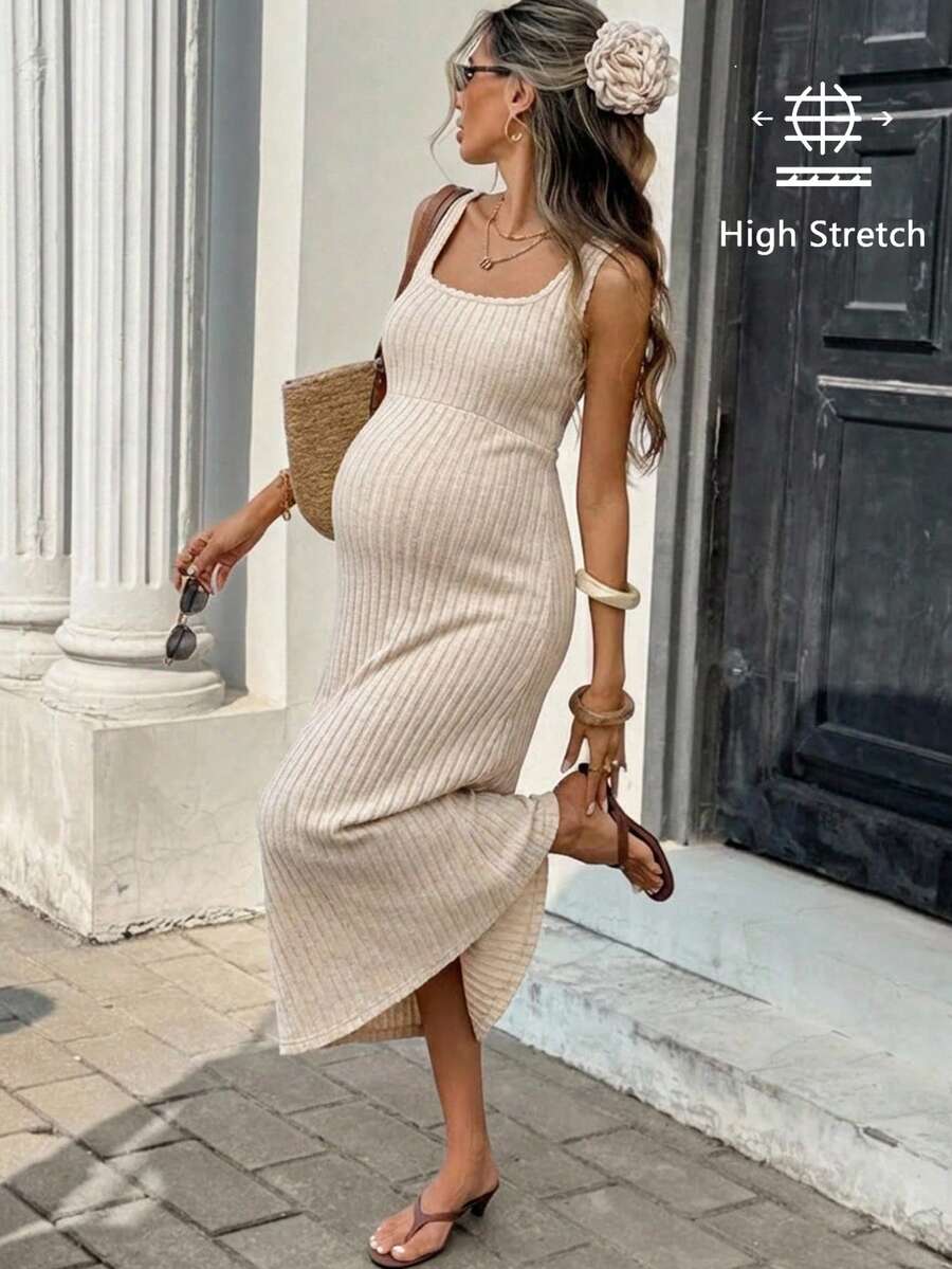 SHEIN Maternity Solid Color Ribbed Sleeveless Casual Dress - Khaki - View 1