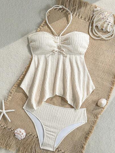 SHEIN Teen Girl Solid Color Ruched Halter Tankini Top And Triangle Bottoms Swimsuit Set, Suitable For Summer Vacation