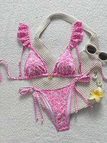 Swim Mod Women's Sweet Pink Floral Pattern Bikini Set,Pink Plaid Bikini Swimwear With Ruffle Trim,Cute Summer Beach Holiday Vacation Pool Parties Wear - Multicolor - View 3