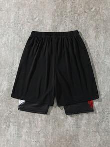SHEIN 1 pieza Pantalones cortos con cordón en la cintura y gráfico de figura simple para niño preadolescente, adecuado para la escuela y uso primaveral - Negro - Ver 2