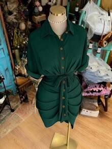 EMERY ROSE Women's Solid Color Single-Breasted Tie-Waist Casual Party Dress - Dark Green - View 5
