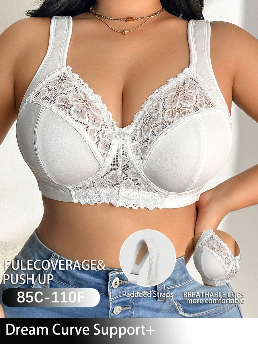 DesireSculpt 1 pieza Sujetador inalámbrico de encaje y parches para tallas grandes - Blanco - Ver 1
