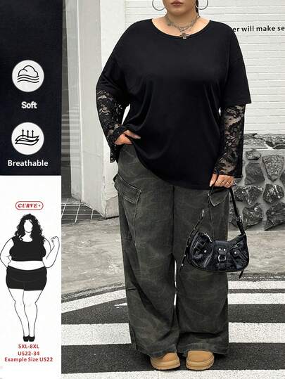 SHEIN CURVE+ 2026 Spring/Summer Plus Size Women's Round Neck Contrast Lace Long Sleeve T-Shirt, Suitable For Outings, Back To School, Street Style, Y2K Fashion