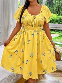 Vionelle Plus Size Floral Print Drawstring Front Elastic Waist Short Sleeve Dress - Yellow - View 7