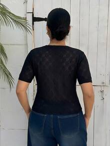 Dazy Plus Cárdigan de mujer de jacquard con textura y calado, casual y elegante para primavera/verano - Negro - Ver 4