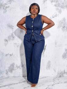 CurvyTilda Plus Size Women Single-Breasted Denim Vest And Wide-Leg Pants Casual 2 Pieces Set, For Hourglass Body Shape - Dark Wash - View 4