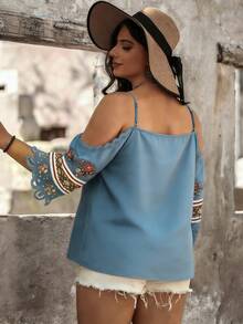 Breezaya Plus Size Laser Cut Hollow Out Off Shoulder Digital Print Elegant Casual Vacation Blouse - Dusty Blue - View 2