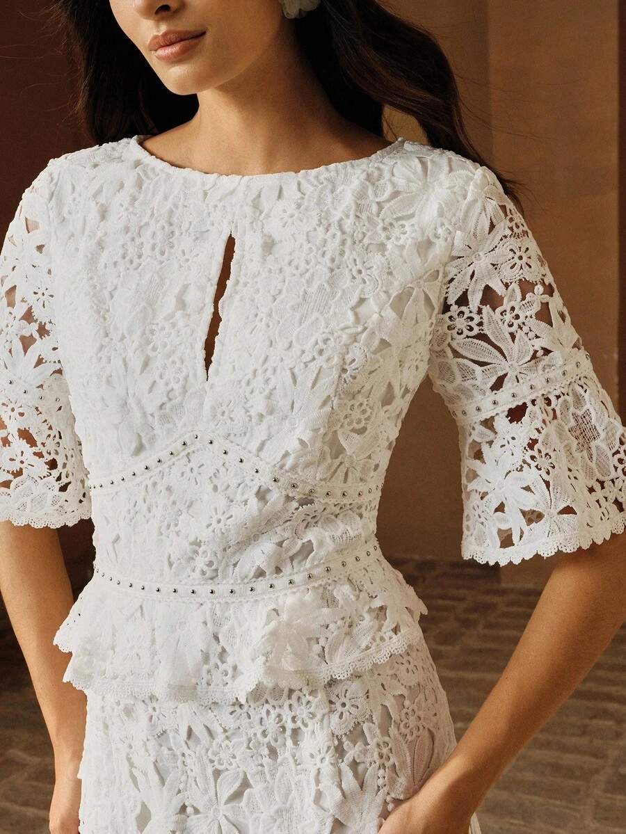Anewsta Đầm midi dáng đuôi cá ôm eo, tay bồng, cổ tròn, khoét eo, ren thêu tinh tế dành cho nữ, thích hợp cho ngày Valentine, đám cưới, tiệc tùng. - trắng - Xem 1
