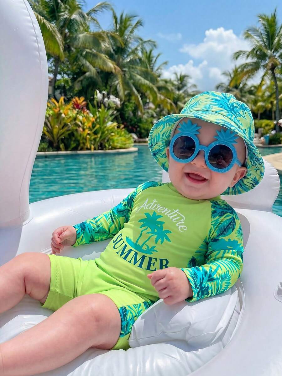 SHEIN Bubblio Traje de baño de protección solar con estampado de árbol de coco en patchwork, de manga larga, lindo y de moda, adecuado para playa y vacaciones, para niños y niñas - Verde - Ver 1