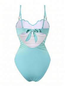 Swim Oasis Conjunto de traje de baño de 2 piezas de moda de alta gama para mujer con falda ajustado con abertura lateral fruncida, ajustable, con decoración de concha y degradado de color, para primavera/verano - verde menta - Ver 4